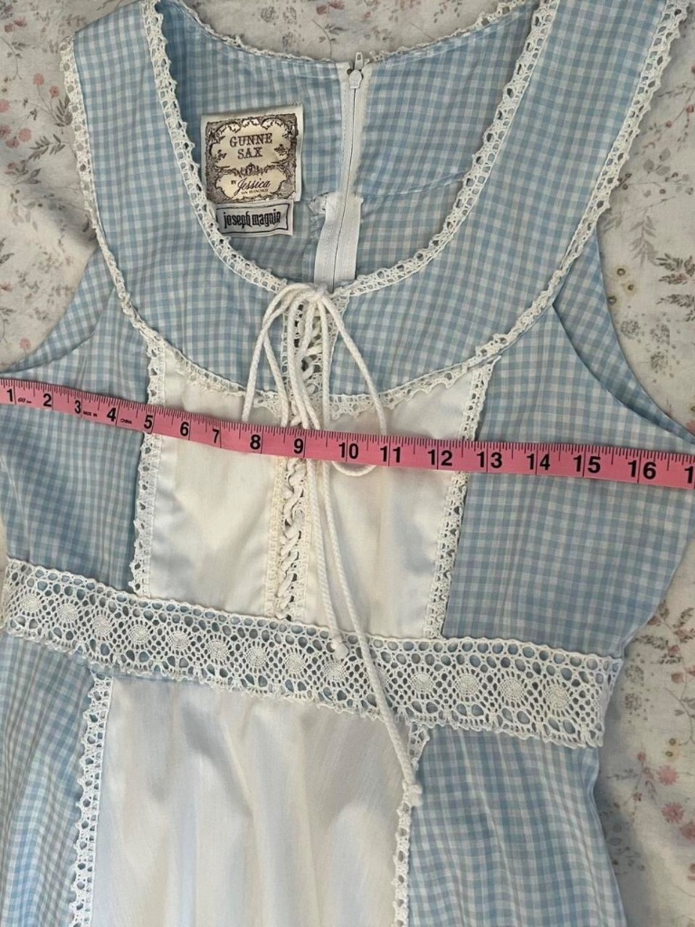 Rare 70s Gunne Sax Dress Sleeveless Light Blue Gingham Lace Corset Prairie - Picture 7 of 8